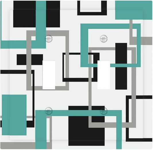 Geometric Turquoise Black Gray Modern Abstract Boho Decorative Switch Plates 2 Gang Double Toggle Outlet Light Switch Cover Wall Plate Electrical Faceplate for Office Nursery Decor