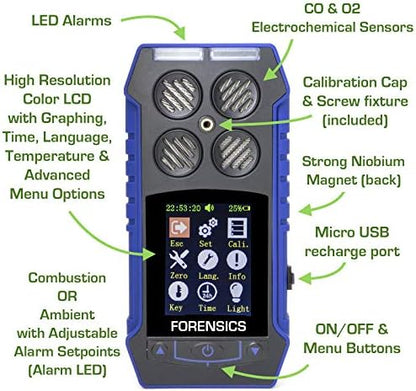 Residential Combustion Analyzer by Forensics | Flue Gas Analyzer | CO, O2, COAF & EA | Water Trap, Particle & NOx Filters | Color Display, Graphing, Data Logging | USA NIST Calibration |