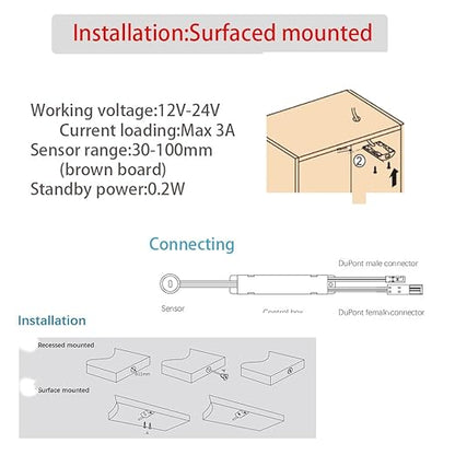 VST Motion Sensor Light Switch, IR Handwave Activated Light Switch for Closet Light LED Lights and Under Cabinet Lighting with 12V JST Male and Female Connector (DC 12/24V 3A)