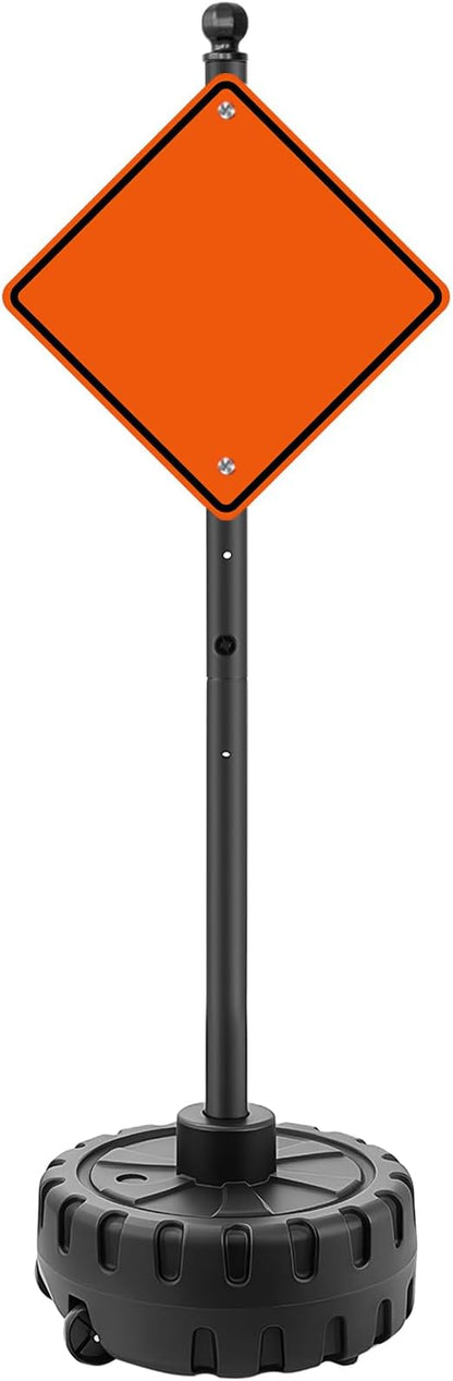Portable Sign Post and Base Kit, 5 ft Heavy Duty Cast Iron Sign Pole with Hard Plastic Wheeled Base, Movable Signs Stand Easy to Use Portable Sign Holder for Traffic, Parking, and Safety Signs
