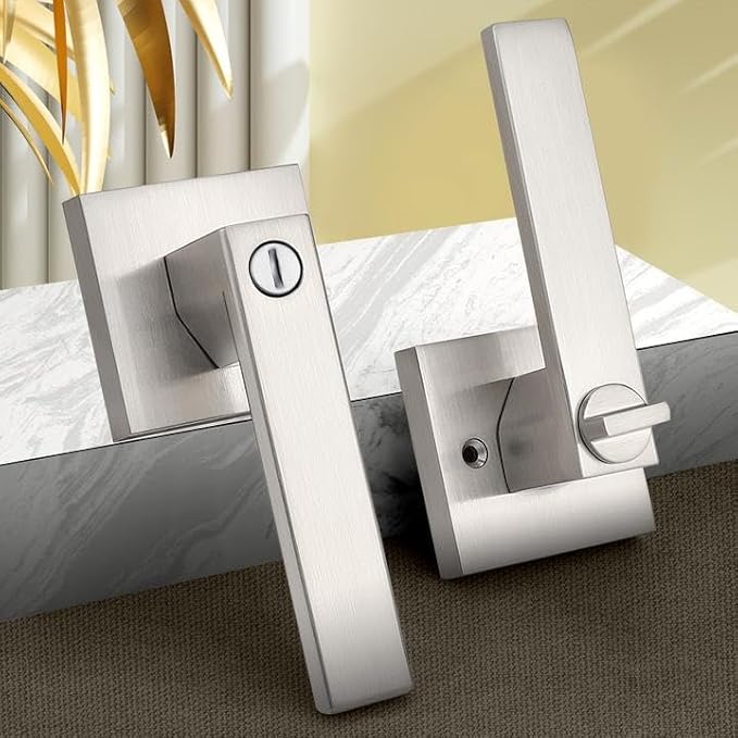 Probrico Interior Brushed Nickel Door Handle, Heavy Duty, Flat Square Privacy Door Handles, Keyless Door Levers Lockset for Bedroom and Bathroom (6 Pack, Modern)