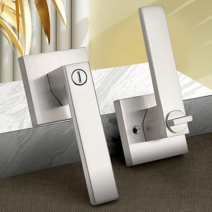 Probrico Interior Brushed Nickel Door Handle, Heavy Duty, Flat Square Privacy Door Handles, Keyless Door Levers Lockset for Bedroom and Bathroom (6 Pack, Modern)