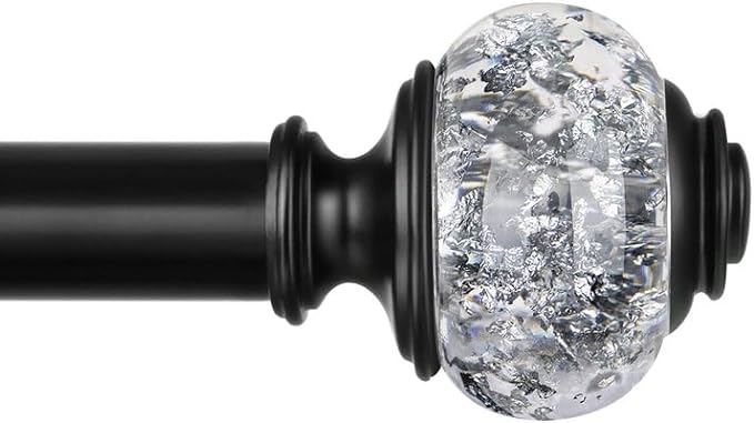 1 Inch Curtain Rods 72 to 144 Inches (6 to 12 ft) Telescoping Single Drapery Rod, USFOOK Black Curtain Rods for Windows 69 to 140 Inches, Decorative Translucent Finials