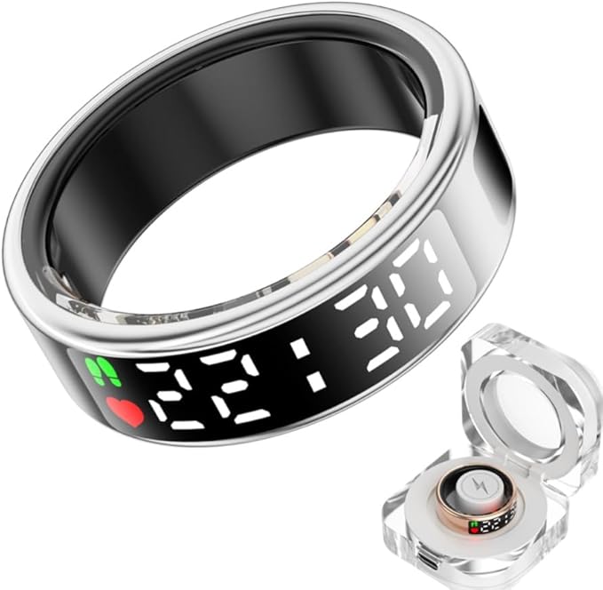 Smart Ring Health with LED Display Screen, Activity Tracker/Heart Rate/SpO2/Sleep/Step, Bluetooth Connection Smart Rings for Women Men, IP68 Waterproof Smart Ring for iPhone & Android (Silver, 10)