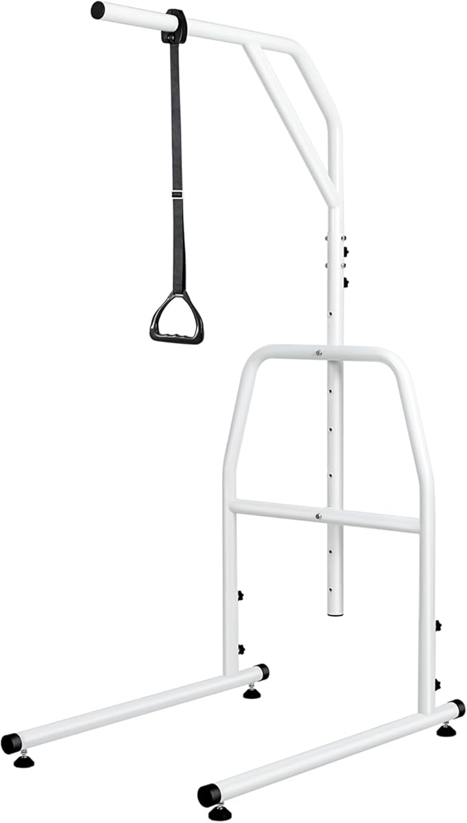 Trapeze Bar for Bed Mobility, Heavy Duty Pull Up Assist Bar with Floor Stand, 5Ft-7Ft Height Adjustable Trapeze Bar, Medical Patient Mover for Care Facilities, White