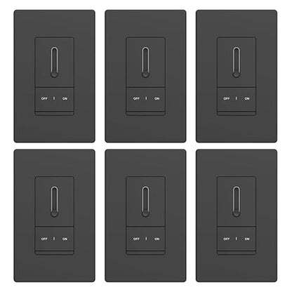 ELEGRP Slide Dimmer Switch for Dimmable LED, CFL and Incandescent Light Lamp Bulbs, Single Pole or 3-Way, Full Control with Preset, Rocker Paddle, Wall Plate Included, UL Listed (6 Pack, Matte Black)