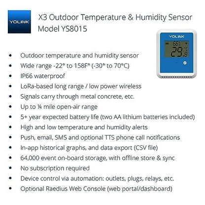 YoLink X3 Temperature & Humidity Data Logger, Hygrometer, Thermometer, 1/4 Mile Range, 5 Years Battery Life, Emails/Text/App Alerts. Pet Cage, Freezer, Greenhouse. 4G LTE Cellular Hub Included