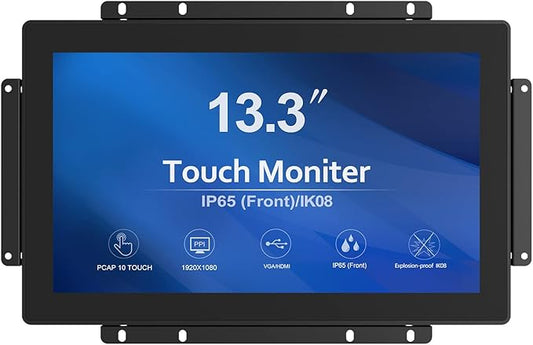 GreenTouch 13.3 Inch 10 Points Open Frame Touch Display, Industrial PCAP Touchscreen Monitor, VGA+HDMI+DVI Port - 16:9