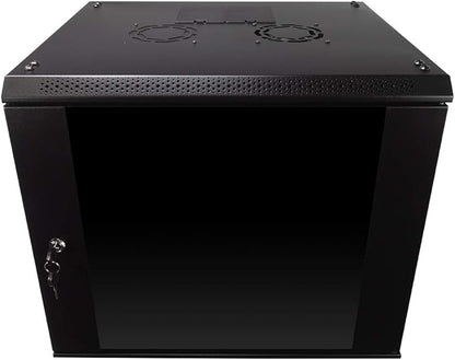 NavePoint 9U Server Rack Enclosure with Glass Door, Cooling Fan, Locks, & Removable Side Panels - 9U Wall Mount Network Cabinet 19 Inch Rack 17.7 Inches Deep