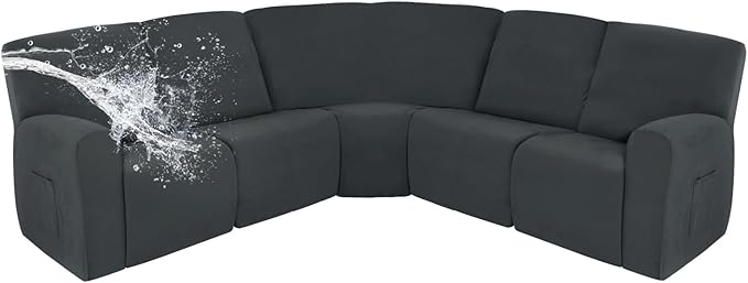 Easy-Going 100% Waterproof Recliner Cover, Stretch Couch Covers for Reclining Couches, Extra Large Sectional Sofa Slipcover, L-Shape Furniture Protector for Kids & Pets, 5 Seater, Dark Gray