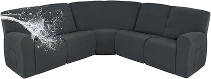 Easy-Going 100% Waterproof Recliner Cover, Stretch Couch Covers for Reclining Couches, Extra Large Sectional Sofa Slipcover, L-Shape Furniture Protector for Kids & Pets, 5 Seater, Dark Gray