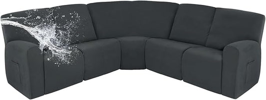 Easy-Going 100% Waterproof Recliner Cover, Stretch Couch Covers for Reclining Couches, Extra Large Sectional Sofa Slipcover, L-Shape Furniture Protector for Kids & Pets, 5 Seater, Dark Gray