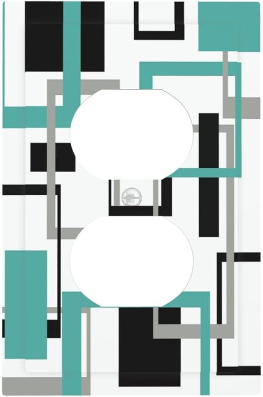 Geometric Turquoise Black Gray Modern Abstract Boho Outlet Covers 1 Gang Duplex Light Switch Cover Decorative Switch Plates Electrical Receptacle Faceplate Wall Plate for Office Nursery Decor