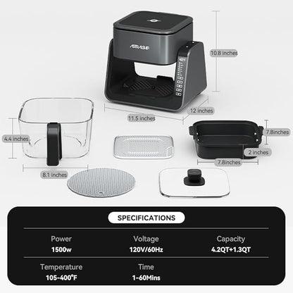 Astralship 2-in-1 Glass Air Fryer & Grill Combo, 4.2 QT + 1.3 QT Capacity, 7 Digital Presets, Small, Non-Toxic See-Through Glass Bowl, Low-Oil Healthy Cooking, Easy to Clean, Multi-Function Design