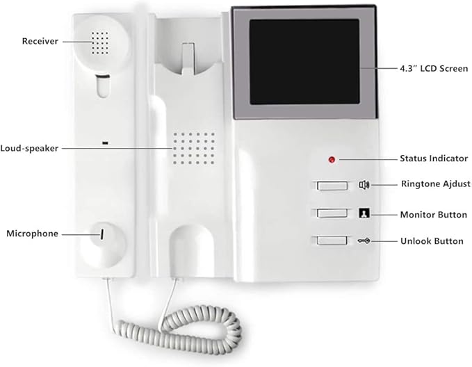 Video Door Phone System, 4.3 Inches Clear LCD Monitor Wired Video Intercom Doorbell Kits, IR Night Vision Outdoor Camera Door Intercom, Doorphone Telephone Style for Home Improvement