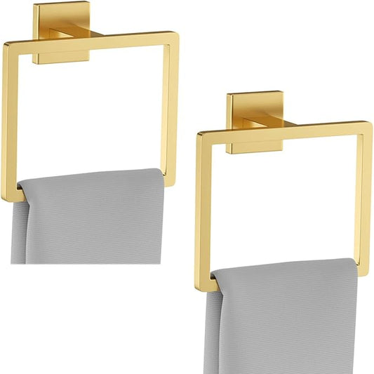 2-Piece Brushed Gold Towel Ring,Square Hand Towel Holder,Stainless Steel Modern Towel Holder Wall-Mounted Bathroom Towel Ring Towel Rack