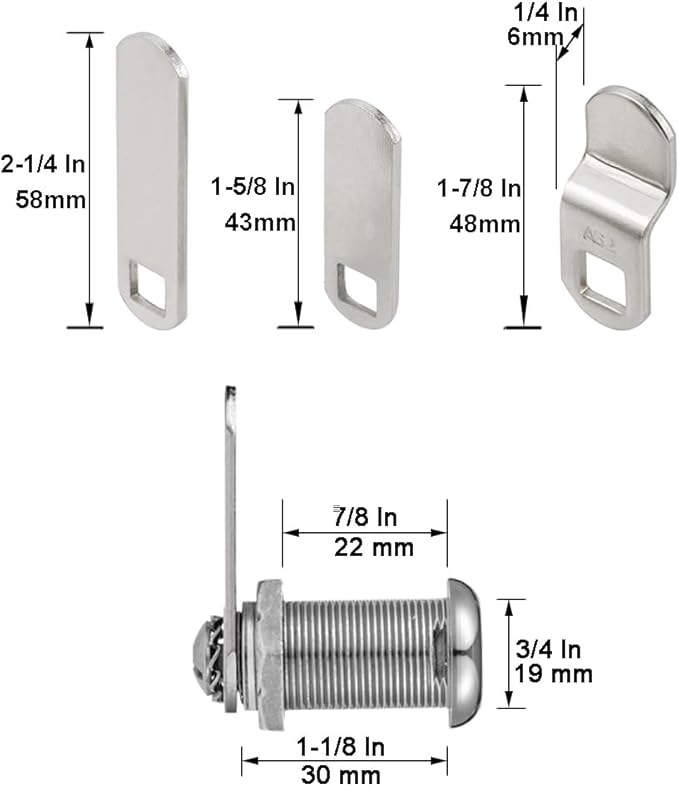 Cabinet Cam Locks Keyed Alike, 1-1/8” Cylinder Cam Locks for Tool Box RV Compartment Mailbox Vending Machine Drawer File Cabinet, Fits 7/8” Max Panel Thickness, Chrome Finish with 3 Cams and 2 Keys
