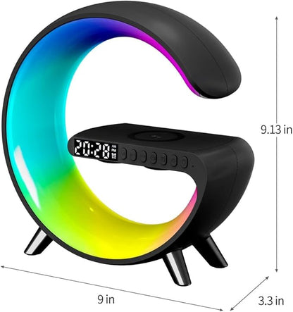Smart LED Table Lamp, 4-in-1 Wireless Charger, Night Light, Alarm Clock, and Bluetooth Speaker with App Control for Bedroom, Office, and Home Decor (Black)