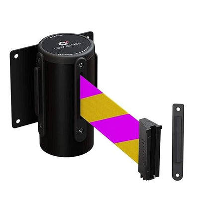 Crowd Control Warehouse - CCW Series WMB-120 Fixed Wall Mount Retractable Belt Barrier - 11 Foot, Yellow & Magenta Diagonal Stripes Belt with Black Steel Case