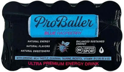 ProBaller Ultra Premium Zero Sugar Energy Drink - Natural & Clean NSF Certified Sport Drink with Amino Acids, Taurine, Biotin, Vitamin B 12 Methylcobalamin, & Electrolytes - 15 Pack - Blue Raspberry
