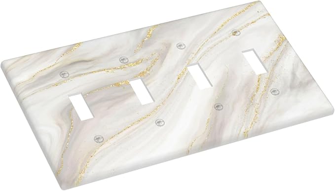 White Grey Gold Marble Simple Tiles Light Switch Covers Quad Toggle Electrical Faceplate 4 Gang Wall Plate Decorative Switch Plates for Bathroom Kitchen Decor