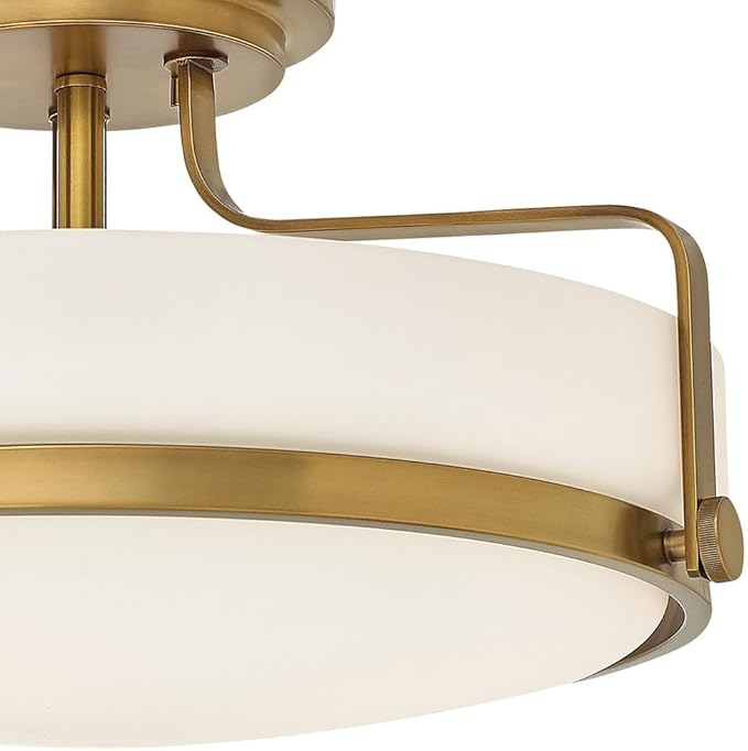 Hinkley Harper Medium Semi-Flush Mount Ceiling Light - Sleek, Retro Style, Etched Opal Glass - Heritage Brass Finish