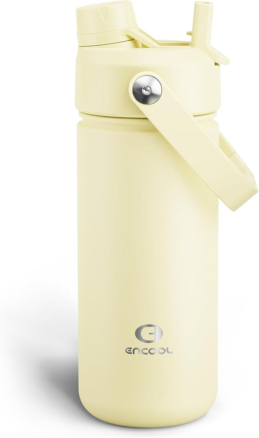 ENCOOL Insulated Water Bottle with Straw Stainless Steel Water Bottle, Leak-Proof, BPA-Free, Double Wall Vacuum Keeps Cold for 24 Hours for Sports, Travel, School (18 oz, Light Vanilla)