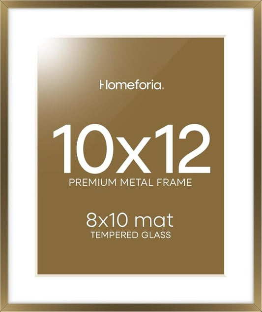 Homeforia 10x12 Bronze Picture Frame, High End Metal 10x12 Brass Frame with Mat 8x10, 10 x 12 Poster Frames Matted to 8 x 10 inch Photo, 10 by 12 Bronze Thin Frames, Tempered Glass, Wall Kit, Set of 1