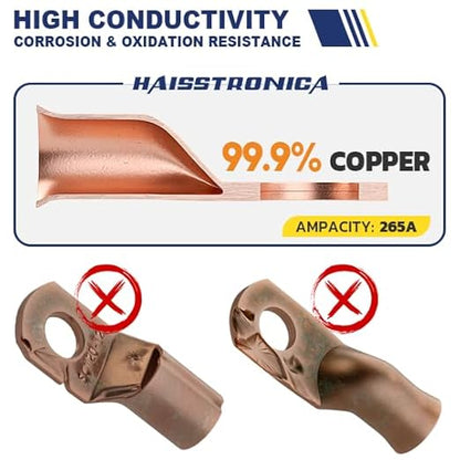 haisstronica 10pcs 2/0 AWG - 3/8"(M10) Tinned Copper Battery Lugs, Heavy Duty Wire Lugs with 10pcs 3:1 Adhesive Heat Shrink Tubing, 00 Gauge Wire Lugs, Tinned Copper Battery Cable Ends