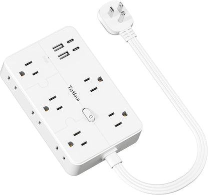 Surge Protector Power Strip 1 FT Flat Extension Cord ，10 AC Outlets & 4 USB Ports(5V/3.4A 17W), 1080J ，Wall Mountable Desktop Charging Station with Flat Plug for Office Supplies and Home, White