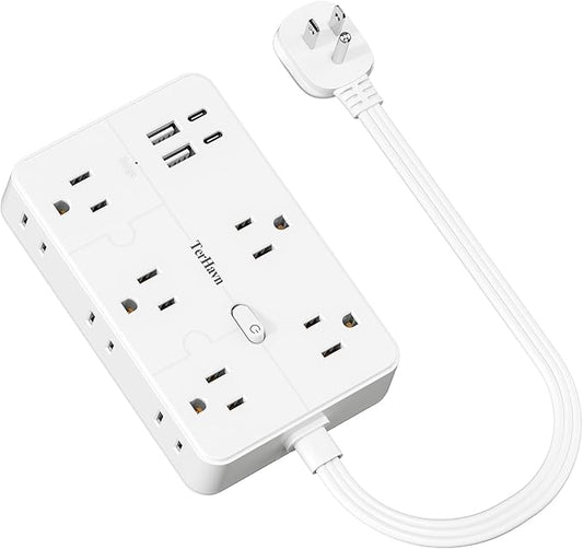 Surge Protector Power Strip 1 FT Flat Extension Cord ，10 AC Outlets & 4 USB Ports(5V/3.4A 17W), 1080J ，Wall Mountable Desktop Charging Station with Flat Plug for Office Supplies and Home, White