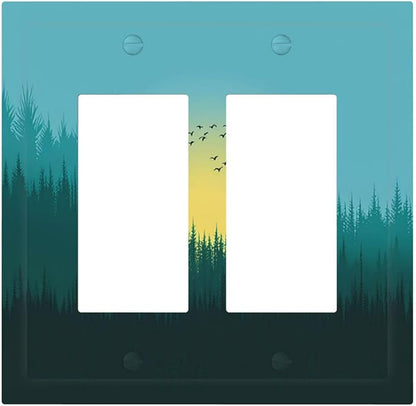 Green Forests And Birds Sun Woodland Decorative Outlet Covers 2 Gang Double GFCI Rocker Light Switch Cover Plate Electrical Wall Panels for Bedroom Bathroom Decor