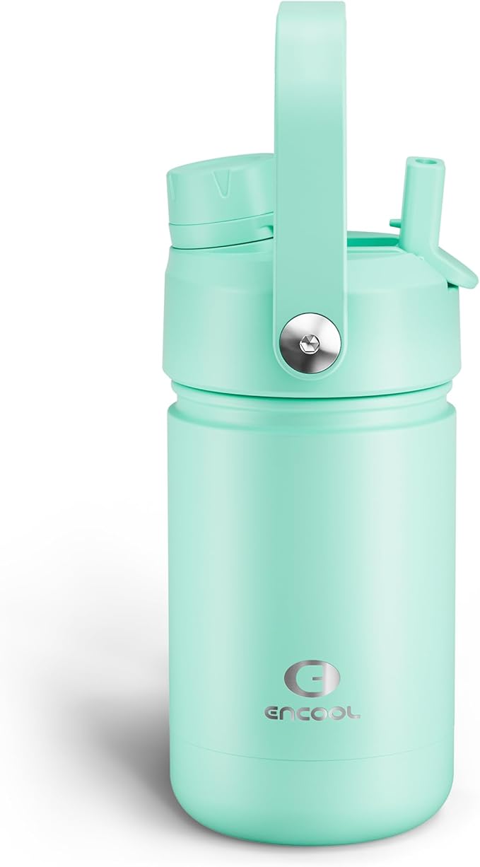 Kids Insualated Water Bottle with Straw - 12oz Stainless Steel Water Bottle with Dual Spouts, Leak-Proof, BPA-Free, Double Wall Vacuum Keeps Cold for 24 Hours for Sports, Travel, School (Brook Green)