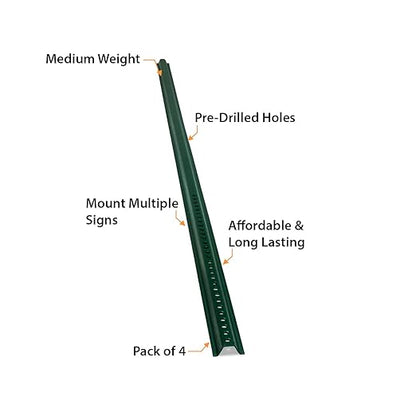 SmartSign U-Channel Sign Post, 8' Tall, 1.12LB Medium Weight, Green Baked Enamel Steel Post - Pack of 4