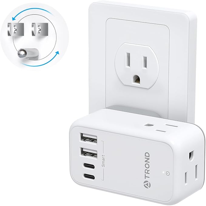 TROND Outlet Splitter with 360 Rotating Plug, 3 AC Plug Extender with 2 USB-C & 2 USB-A Ports, Additional Outlets off to Side, Useful Adapter with Rotating Design for Home Travel Cruise Essentials