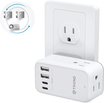 TROND Outlet Splitter with 360 Rotating Plug, 3 AC Plug Extender with 2 USB-C & 2 USB-A Ports, Additional Outlets off to Side, Useful Adapter with Rotating Design for Home Travel Cruise Essentials