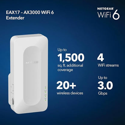 NETGEAR WiFi 6 Range Extender (EAX17) - AX3000 Dual-Band Wireless Signal Booster & Repeater (up to 3.0 Gbps Speed) - Add up to 1,500 sq. ft., 20 Devices - WPA3 Security, One WiFi Name