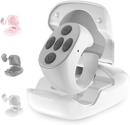 Fingertip Wireless Bluetooth Remote Control, 2026 New Bluetooth Ring Scroller Video Scrolling Ring Remote Control Page Turner (White, with Charging Base)