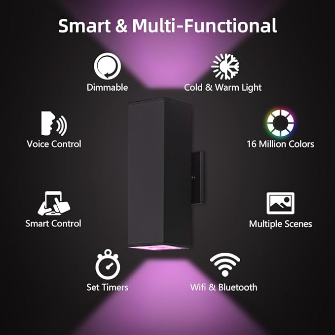 KIZON Smart Porch Lights 2 Pack, Modern Dusk to Dawn Exterior Lighting Fixtures Color Changing App Control with Remote, Dimmable RGB Outdoor Wall Lights for House Patio Garage Theater, ETL Listed