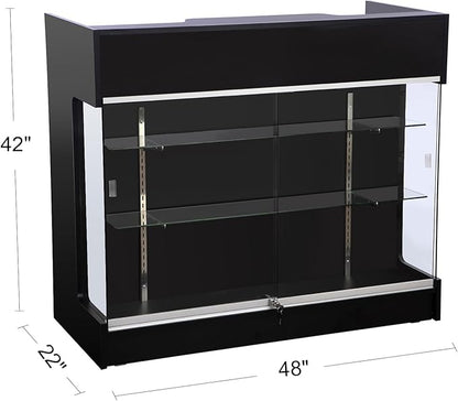 48" W x 22" D x 42" H - Retail Sales Counter with Adjustable Glass Shelves, Tempered Glass, Black Laminated Particle Board, Locking Drawers