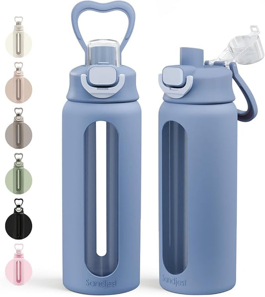 SANDJEST Glass Water Bottle with Silicone Sleeve 24oz with Lid, Motivational Time Marker, Drinking Hydration Glass Bottles for Men Women, Gym Travel Sports (Blue)