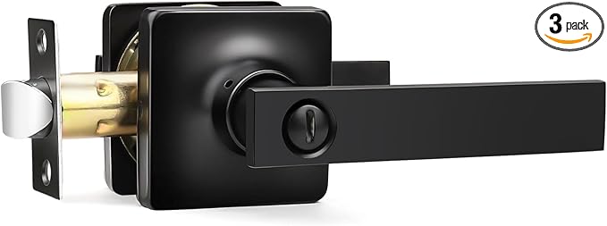 GOBEKOR 3 Pack Privacy Door Levers & Handles with Lock - Square Black Lever Door Handles for Bedroom & Bathroom