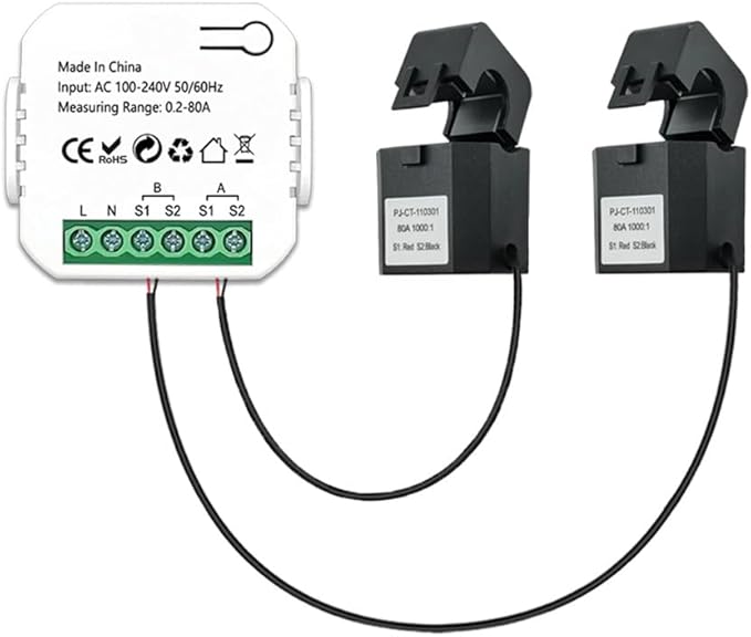 2 Channel Smart Energy Monitor with Tuya WiFi – Solar PV Power Meter, Bidirectional Electricity Usage Tracker, Real-Time Consumption & Production Monitoring, CT Sensors, Mobile App Control