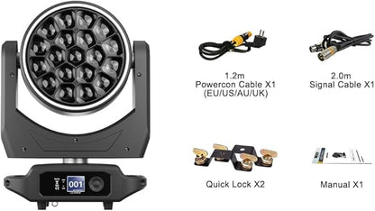 SHEHDS 19x40W LED Moving Head Light, RGBW LED Stage Light with RGB Ring Effects, with Zoom, Beam Effect, 360° Rotation, for Outdoor Concert Performance, Theater, School Show