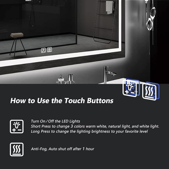 ROOMTEC 48X30 Inch Led Mirror for Bathroom,Backlit Lighted,Anti-Fog, Dimmable, Vertical & Horizontal Mount (Square-48 * 30",Frosted), Silver