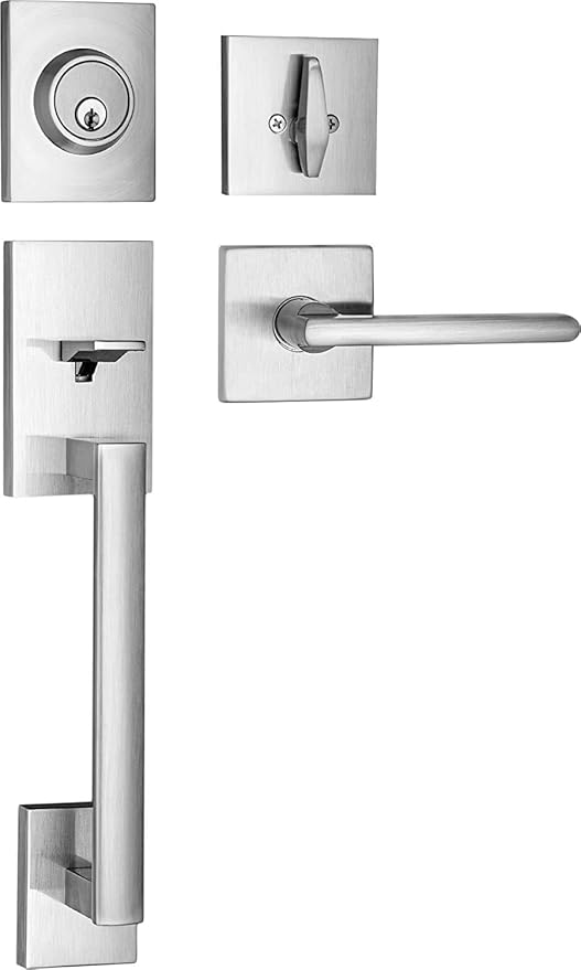 Berlin Modisch HandleSet Front Door Entry Handle and Deadbolt Lock Set Slim Square Single Cylinder Deadbolt and Lever Reversible for Right & Left Sided Doors Heavy Duty – Satin Nickel Finish