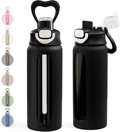 SANDJEST Glass Water Bottle with Silicone Sleeve 24oz with Lid, Motivational Time Marker, Drinking Hydration Glass Bottles for Men Women, Gym Travel Sports (Black)