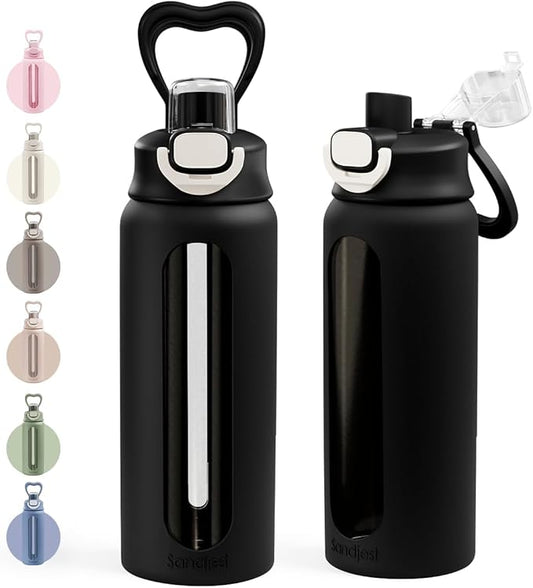SANDJEST Glass Water Bottle with Silicone Sleeve 24oz with Lid, Motivational Time Marker, Drinking Hydration Glass Bottles for Men Women, Gym Travel Sports (Black)