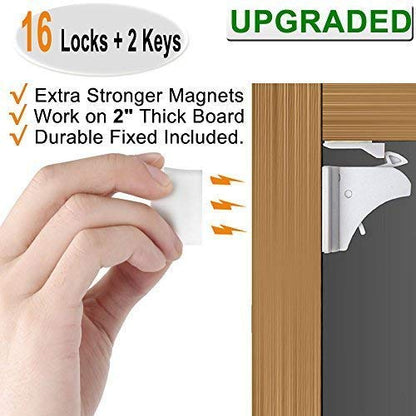 Vmaisi 16 Pack Child Safety Magnetic Cabinet Locks - Children Proof Cupboard Baby Locks Latches - Adhesive for Cabinets & Drawers and Screws Fixed for Protection