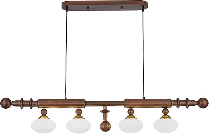 Wood and Globe Linear Chandelier Wooden Farmhouse Dining Room Light Fixture Rustic 4-Light Linear Kitchen Island Lighting Mid Century Modern Globe Hanging Pendant Light with Milk Glass Lampshade